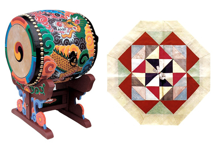 Traditional Korean dragon drum and bojagi wrapping cloth