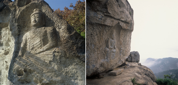 Triad rock cliff Sakyamuni Buddha and Bodhisattva of Korea