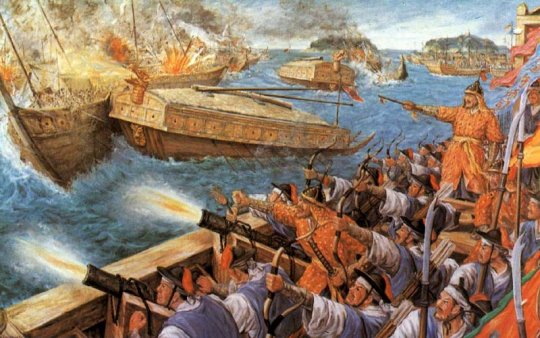 Painting depicting turtle battleship in battle