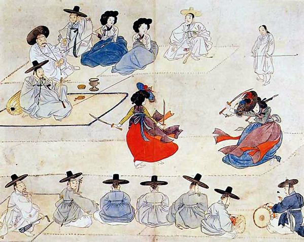 Dance with Two Swords Hanbok dancers painting