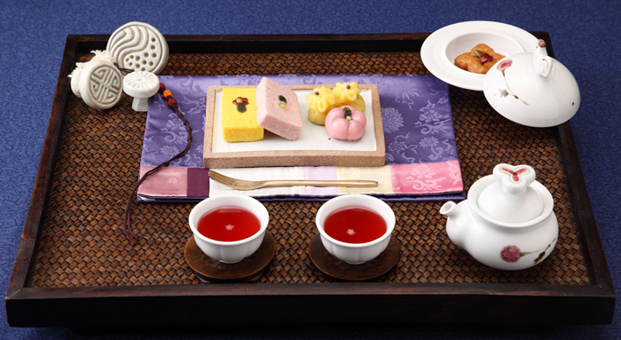 Tteok Korean rice cake and refreshments dessert with tea