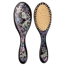Mother of Pearl Inlay Black Wood Oval Hairbrush with Butterfly Design