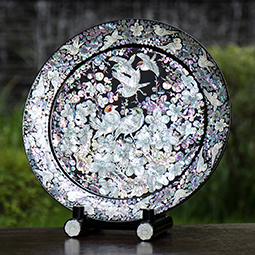 Mother of Pearl Decor Wood Plate with Ume Flower and Bird Design