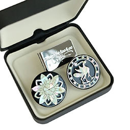 Mother of Pearl Golf Ball Marker Hat Clip Set with Lotus Crow Design