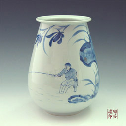 Blue White Porcelain Vase with a Fishing Scene