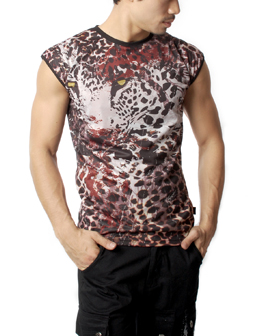 Leopard Design Black Crew Neck Sleeveless Tank Top T-shirt