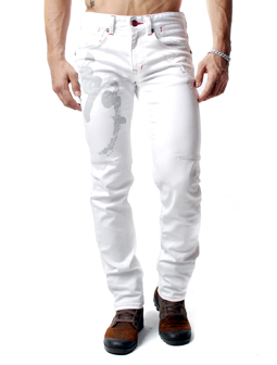 Embroidered Angel Wing Design White Flap Pocket Slim Fit Straight Jean