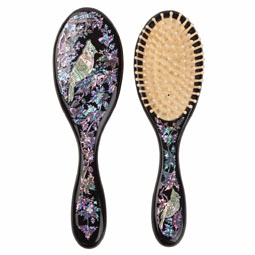 Mother of Pearl Inlay Wood Hairbrush with Parrot and Christmas Flower 