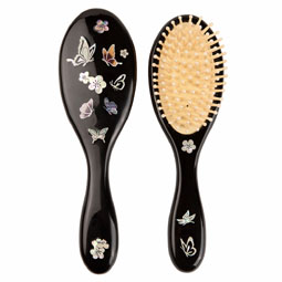 Mother of Pearl Inlay Wooden Black Oval Hair Brush with Butterfly Design