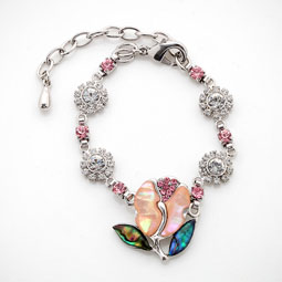 Mother of Pearl Link Bracelet with Pink Tulip Design