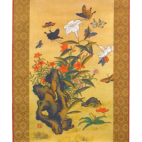 Butterfly Wall Hanging Painting with Lily Scroll Korean
