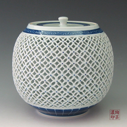 White Porcelain Cookie Jar with Blue Double Layer Openwork Design