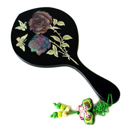 Mother of Pearl Black Wood Mirror Inlaid with Rose Design