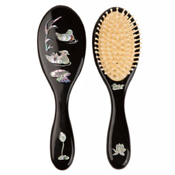 Mother of Pearl Inlay Wood Black Oval Hair Brush with Mandarin Duck Design