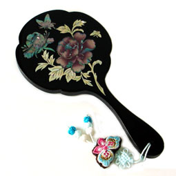 Mother of Pearl Wood Mirror Inlaid with Peony Flower Design