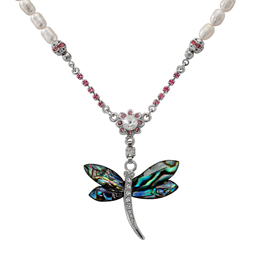 Mother of Pearl Dragonfly Necklace with Freshwater White Pearl Chain