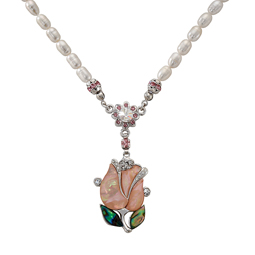 Mother of Pearl Tulip Necklace with Freshwater White Pearl Chain