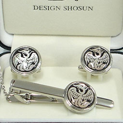 Mother of Pearl Cufflinks and Tie Clip Set with Phoenix Design