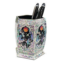 Mother of Pearl Hexagonal Pen Holder with Bird and Moon Design