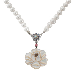 Mother of Pearl White Rose Necklace with Saltwater White Pearl Chain