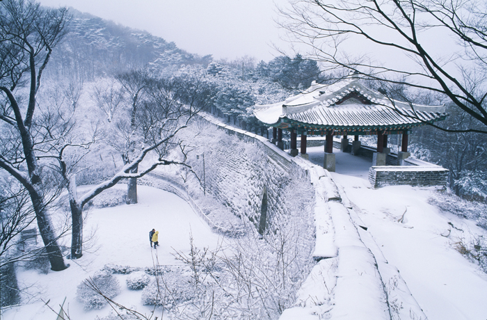 Snow-covered Namhan Sanseong mountain fortress