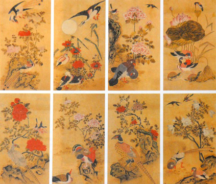 Bird flower painting of Korean folding screen