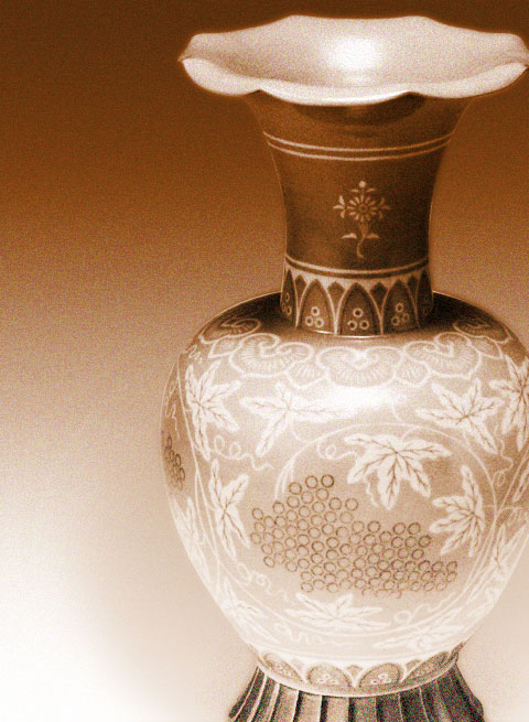 Horn-shaped Celadon Vase Inlaid with Grape Vines - Asian Antique Alive