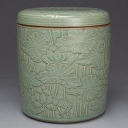 Korean Celadon Ceramic Cremation Urn – Relief Carved Lotus Memorial Porcelain Jar