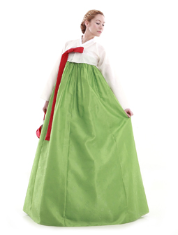 Custom Made Faux Silk White Green Evening Party Hanbok Korean Dress