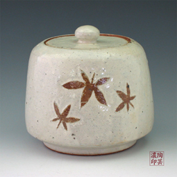 Pottery Cookie Jar with Lid: Brown Autumnal Leaves Sgraffito Design on White