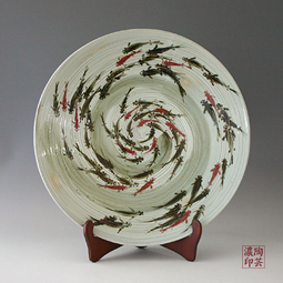 Pottery Dinner Plate with Iron Black, Red Copper Paint Fish Design