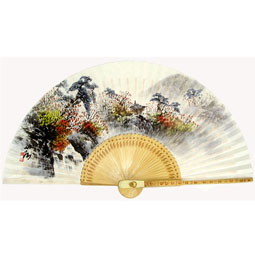 Korean Hand Fan with Autumn Landscape Painting