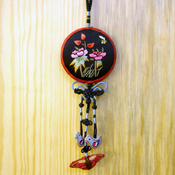 Decorative Macrame Pendant with Embroidered Flower and Butterfly