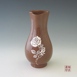 Brown Pottery Vase Buncheong with White Rose Design 
