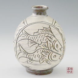 Fish Water Bottle Flattened Buncheong Pottery White Design 