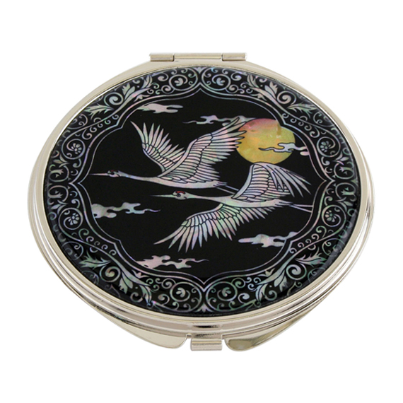 Mother of Pearl Designer Compact Mirror with Crane and Yellow Moon