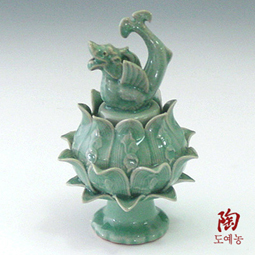 Dragon Incense Burner Celadon Green Ceramic with Lotus Design