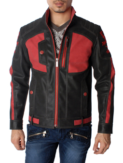 Lion Crest Design Faux Leather Black and Red Motorcycle Biker Jacket