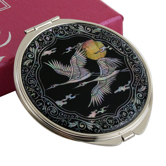 Mother of Pearl Designer Compact Mirror with Crane and Yellow Moon