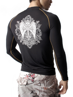 Cross Angel Wing Design Black Nylon Long Sleeve Crew Rash Guard Tee