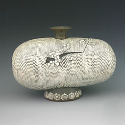 Flowers Bottle Buncheong Pottery with Impressed White Woven Mat Design