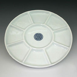 White Porcelain Cheese Plate with Blue Chinese Longevity Letter