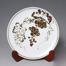 White Porcelain Plate with Iron-painted Brown Grape and Leaf Design