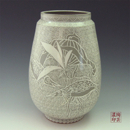 Large Pottery Vase Buncheong Gray with Inlaid Lotus and Fish Design