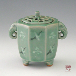 Elephant Head Incense Burner Celadon Green Ceramic with Inlay Design