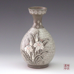 Pottery Bottle with Buncheong Inlaid White Lily Design