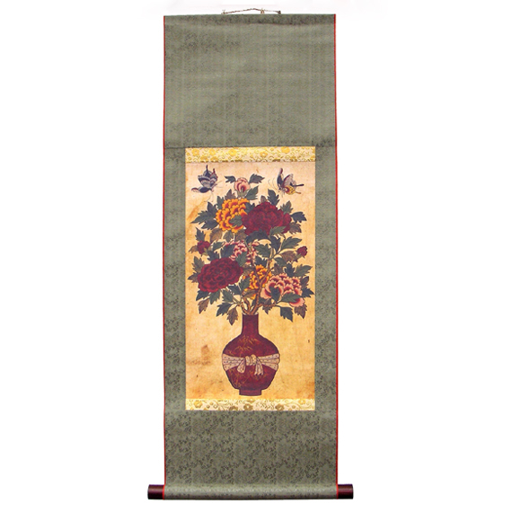 Red Flower Painting Wall Hanging Scroll: Peony in Vase