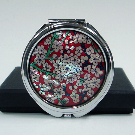 MOP Red White Flower Cosmetic Metal Round Pocket Compact Makeup 
