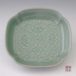 Celadon Ceramic Plate with Peony Design Carved in Relief