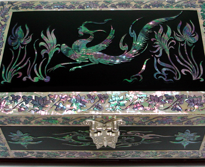   Pearl Phoenix Design Lacquer Wood Decorative Jewelry Trinket Chest Box